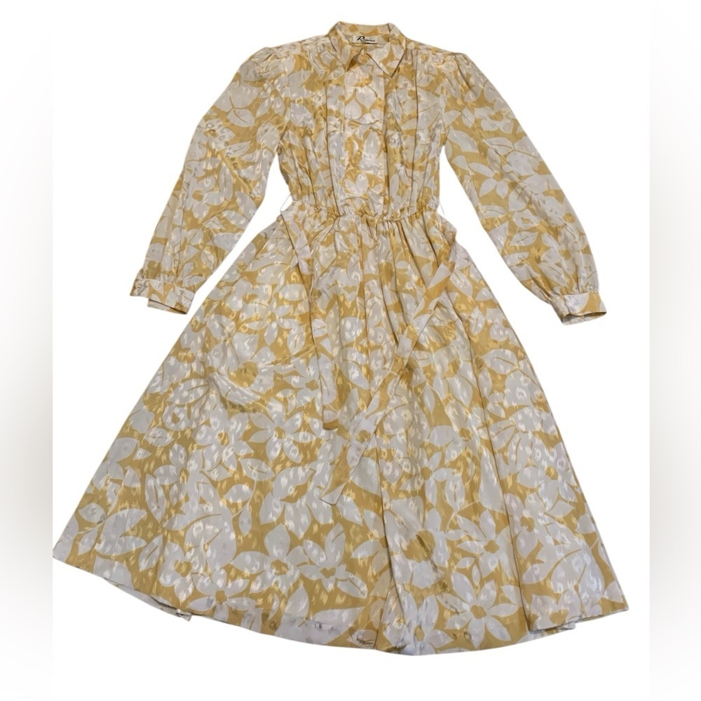 VINTAGE 80s Rouie Golden Floral Jacquard Midi Dress Tie Neck Puff Sleeve Size 4